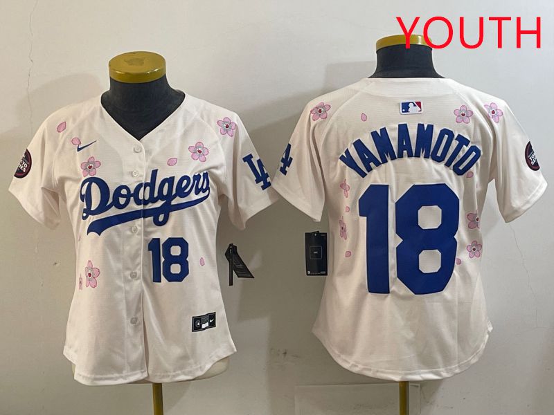 Youth Los Angeles Dodgers #18 Yamamoto Cream Sakura Edition 2025 Nike MLB Jersey style 16